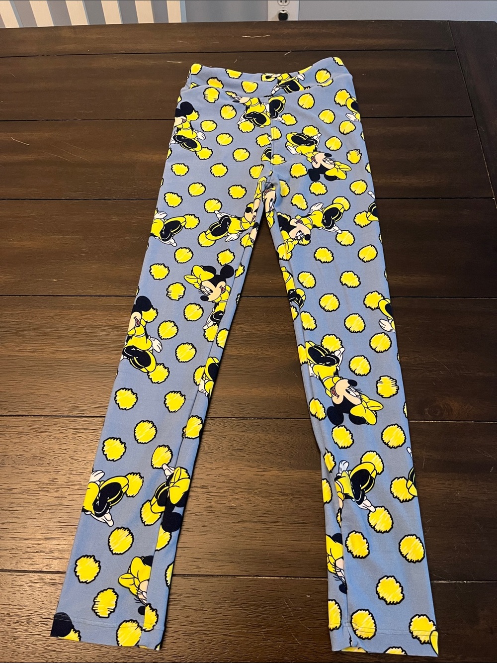 LuLaRoe Blue Leggings with Yellow Minnie Pom Print